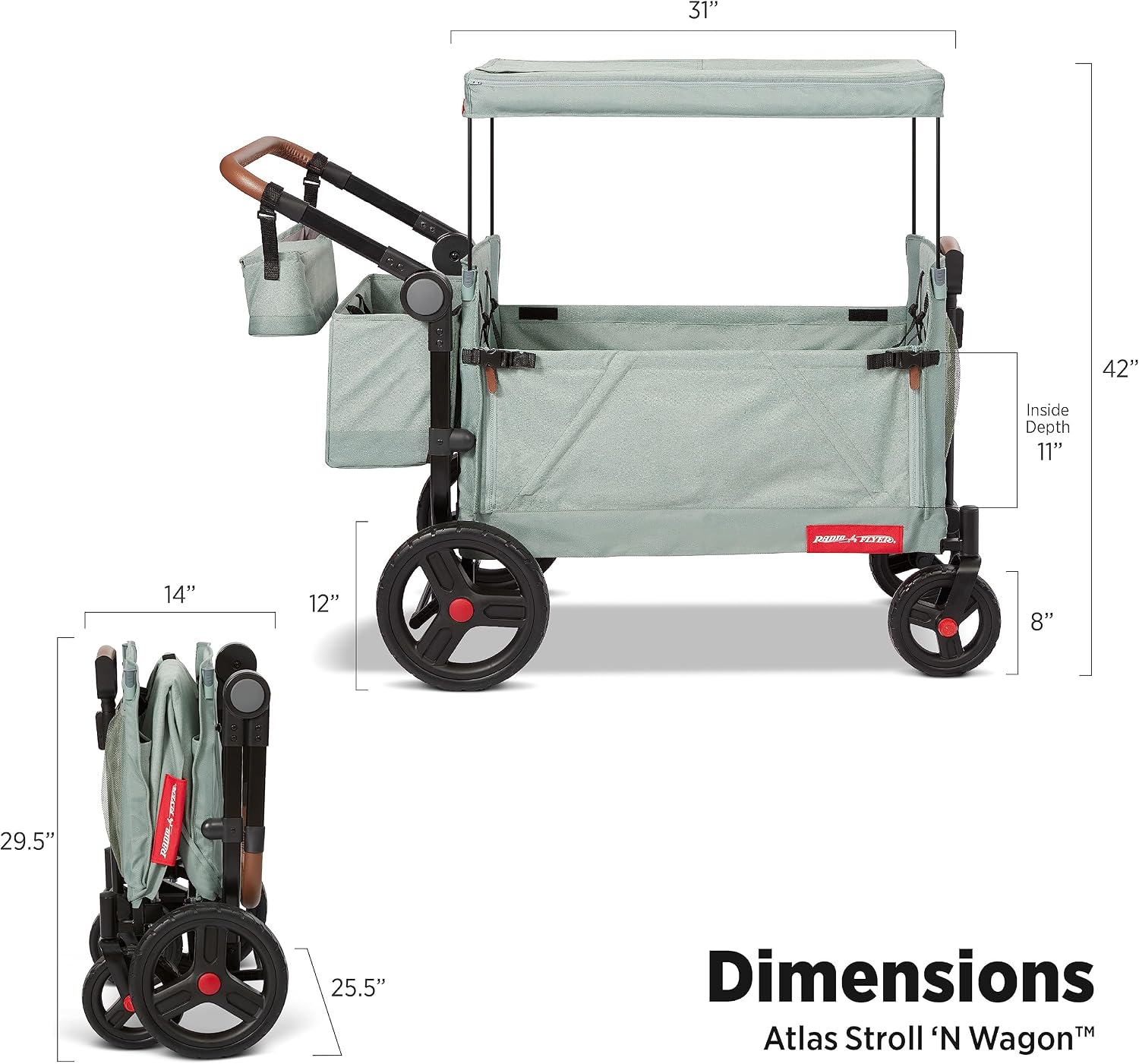 Radio Flyer Atlas Stroll 'N Wagon, Sage Green, for Ages 1+, 3-in-1 Push or Pull Versatility, One-Hand Fold, UV Canopy, 5-Point Harnesses, Storage Capabilities, Rubber Wheels, Stroller Wagon for Kids