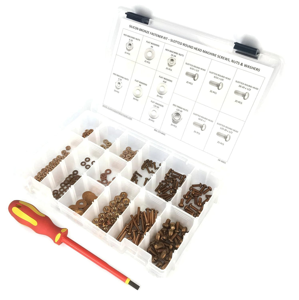 Electrician's Silicon Bronze Machine Screw Kit with Nuts, Washers & Insulated Screwdriver - 377 Pieces