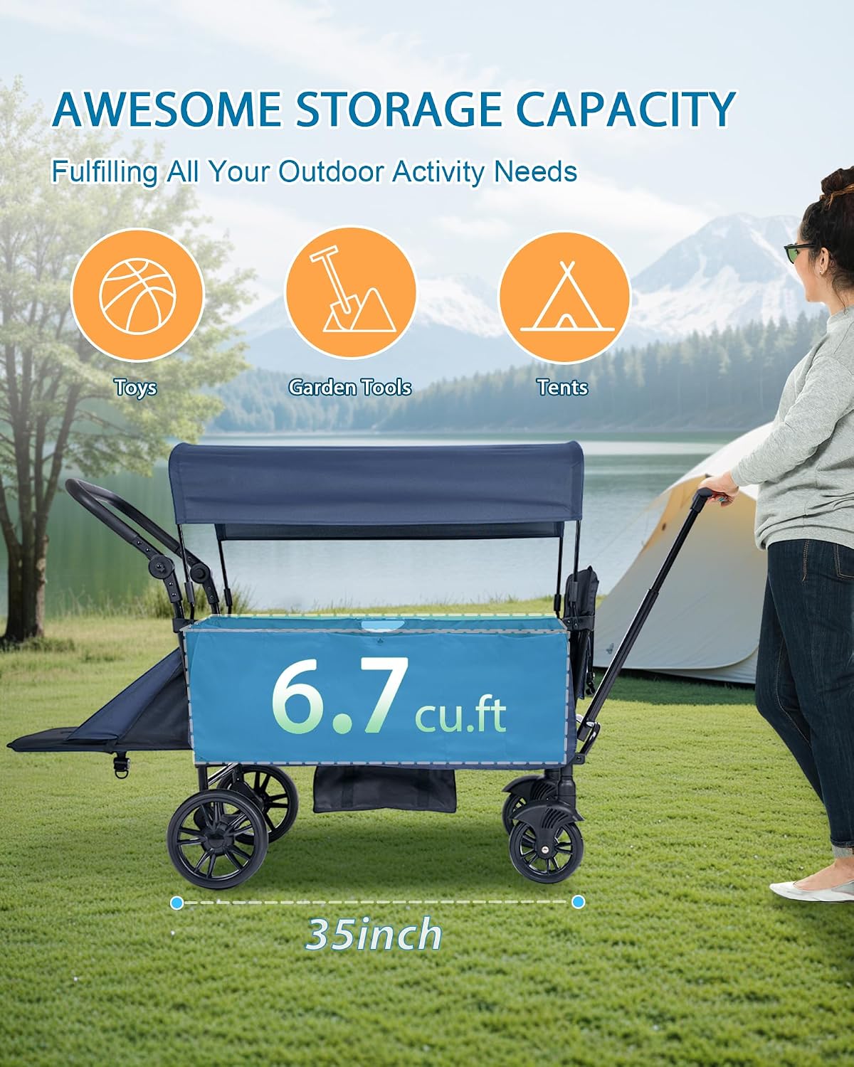 Collapsible Wagon with Canopy and Large Wheels - All-Terrain Heavy Duty Folding Cart for Sports, Shopping, Camping - 400L Capacity, Adjustable Handle, 2 Child Restraints, Blue