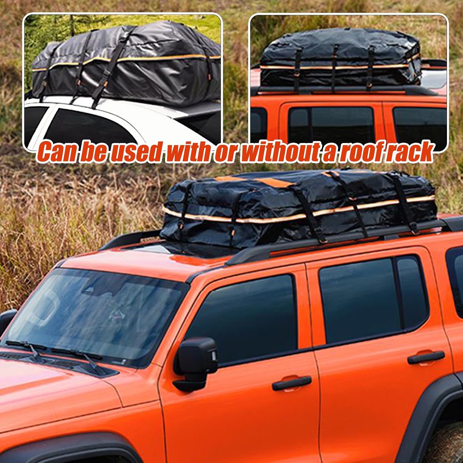 Car Roof Bag Top Cargo Carrier for Seat Leon ST FR Wagon 2020-2025, Water-Resistant Strong Fabric Cargo Bag with/Without Rack for Travel & Camping,425L/109 * 86 * 43cm-Black&Orange