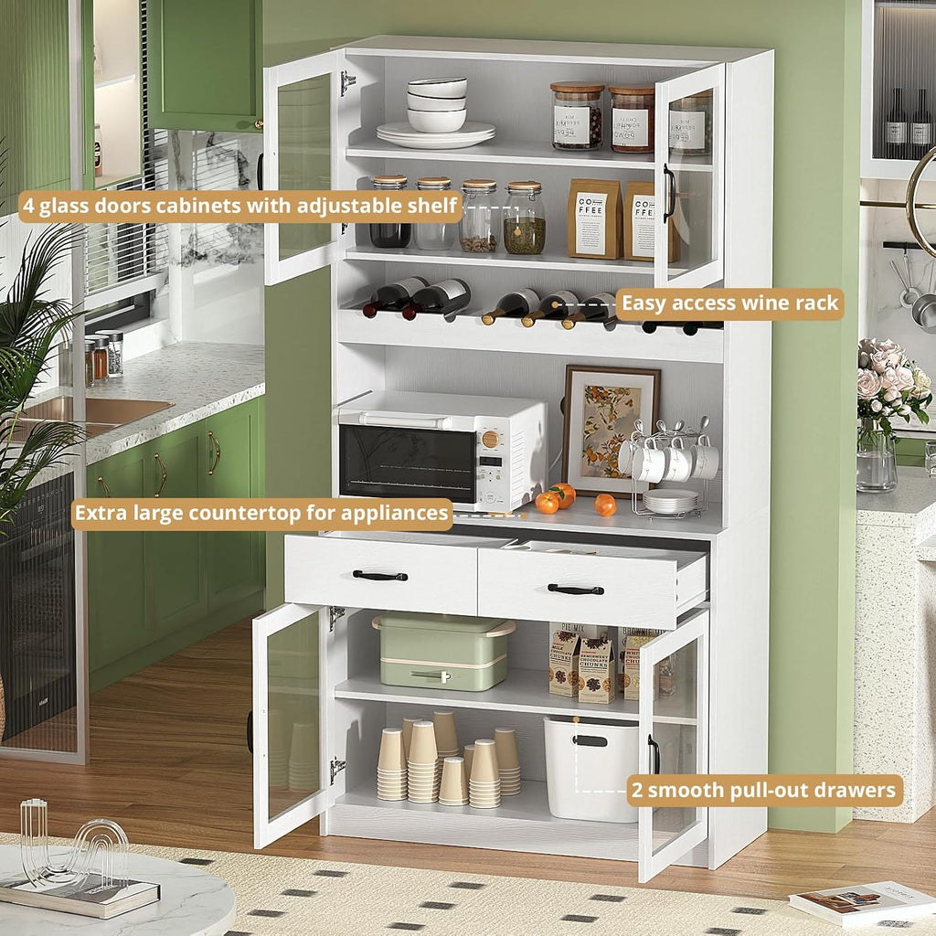 VOWNER 71' Kitchen Pantry Storage Cabinet, Tall Kitchen Hutch Storage Cabinet with 4 Glass Doors and 2 Drawers, Food Pantry with Wine Rack Cupboard for Dinning Room, Living Room
