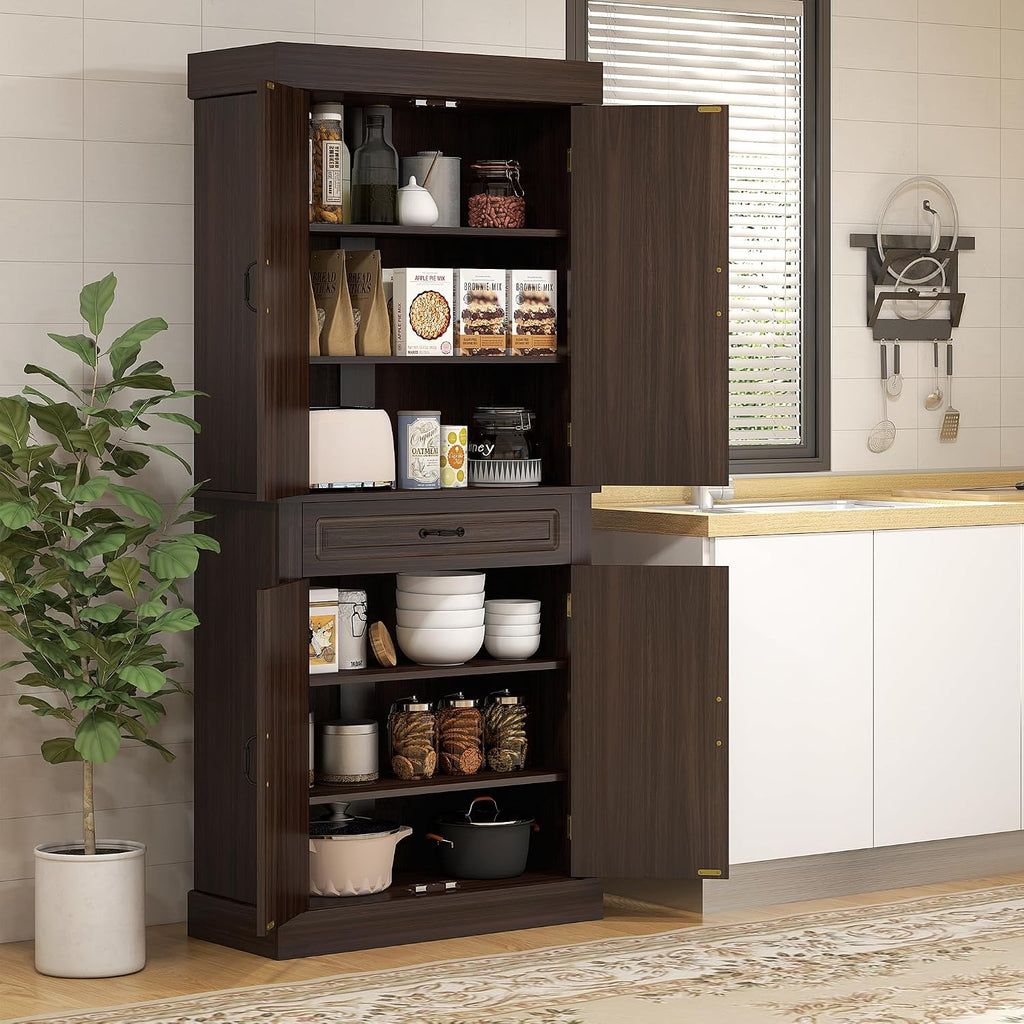71' 4-Door Freestanding Storage Cabinet, Kitchen Storage Bakers Rack with Wide Drawer, Utility Food Cupboard with Anti-Tipping Design for Kitchen, Coffee