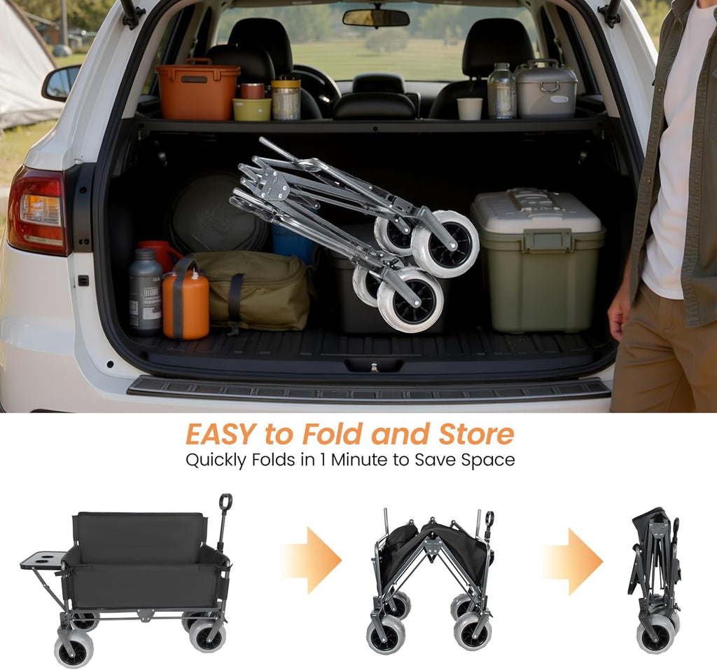 Convertible Folding Wagon Cart with Bench Seat & Rear Table, 500lbs Capacity Heavy-Duty 3-in-1 Collapsible Wagon for Camping, Garden & Outdoor Events (Black)