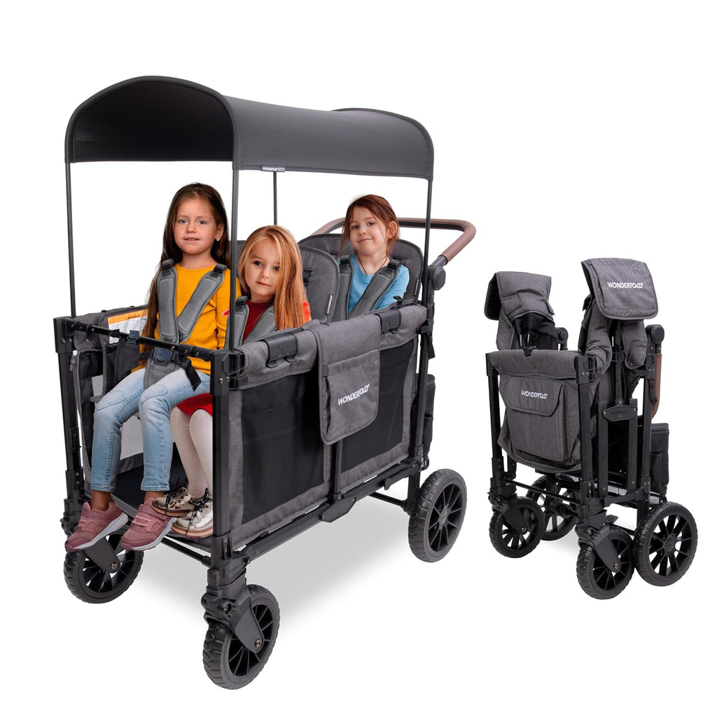 WonderFold W4 Luxe Pro Stroller Wagon - Collapsible Stroller Wagon with Aluminum Frame - Adjustable Canopy & Push Handle - XL All-Terrain Wheels - For Babies, Toddlers & Kids - 4 Seater - Gray