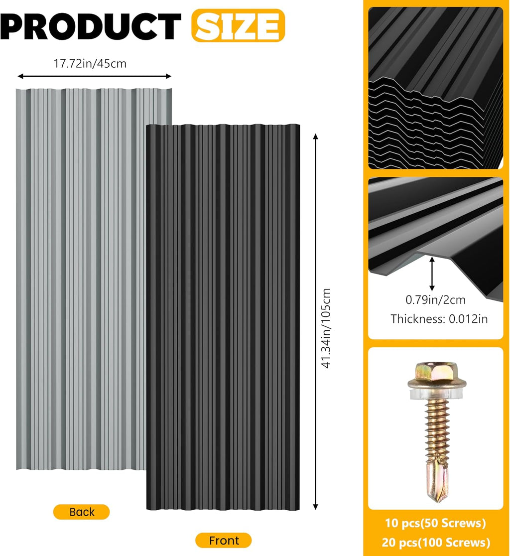 20 pcs Metal Roofing Panels - Corrugated Galvanized Roof Panels L41.34x W17.72 Inch, Waterproof Tin Roof Sheets for Garages,Sheds, Stables and Mobile Homes, Includes Screws(Black,L41.34''-20)