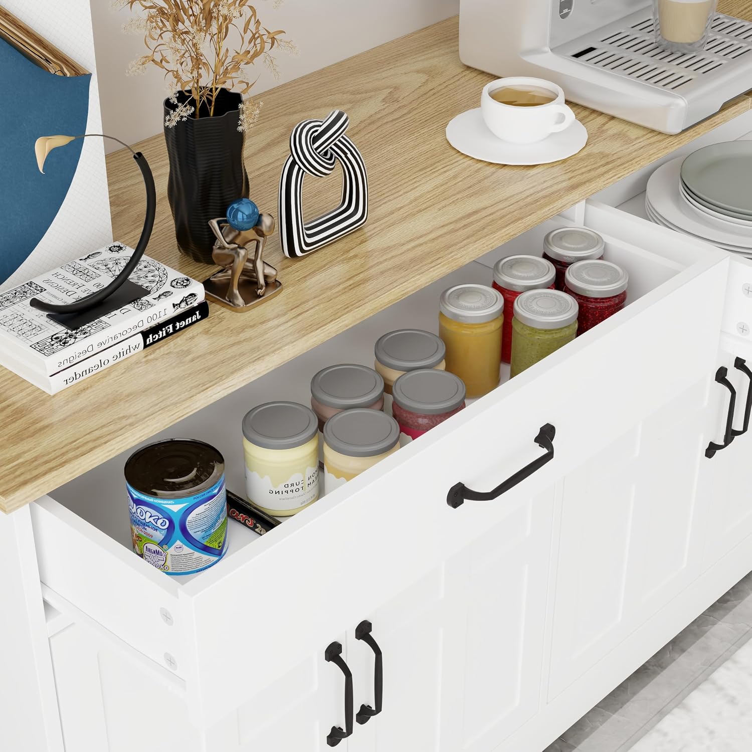 48' E1 MDF 3-Coat Paint Freestanding Storage Cabinet, Kitchen Storage Bakers Rack with Anti-tip Design, Utility Food Cupboard for Home Spaces, White