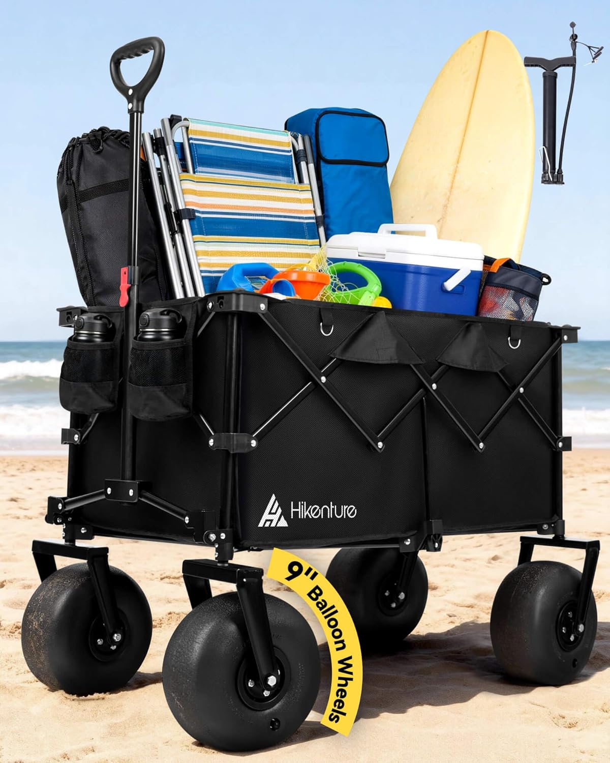 Hikenture Beach Wagon with Balloon Wheels, 9' PU Tires Collapsible Wagon, 440lbs Heavy Duty Beach Cart with Big Wheels for Sand, Large Capacity Utility Wagons Carts