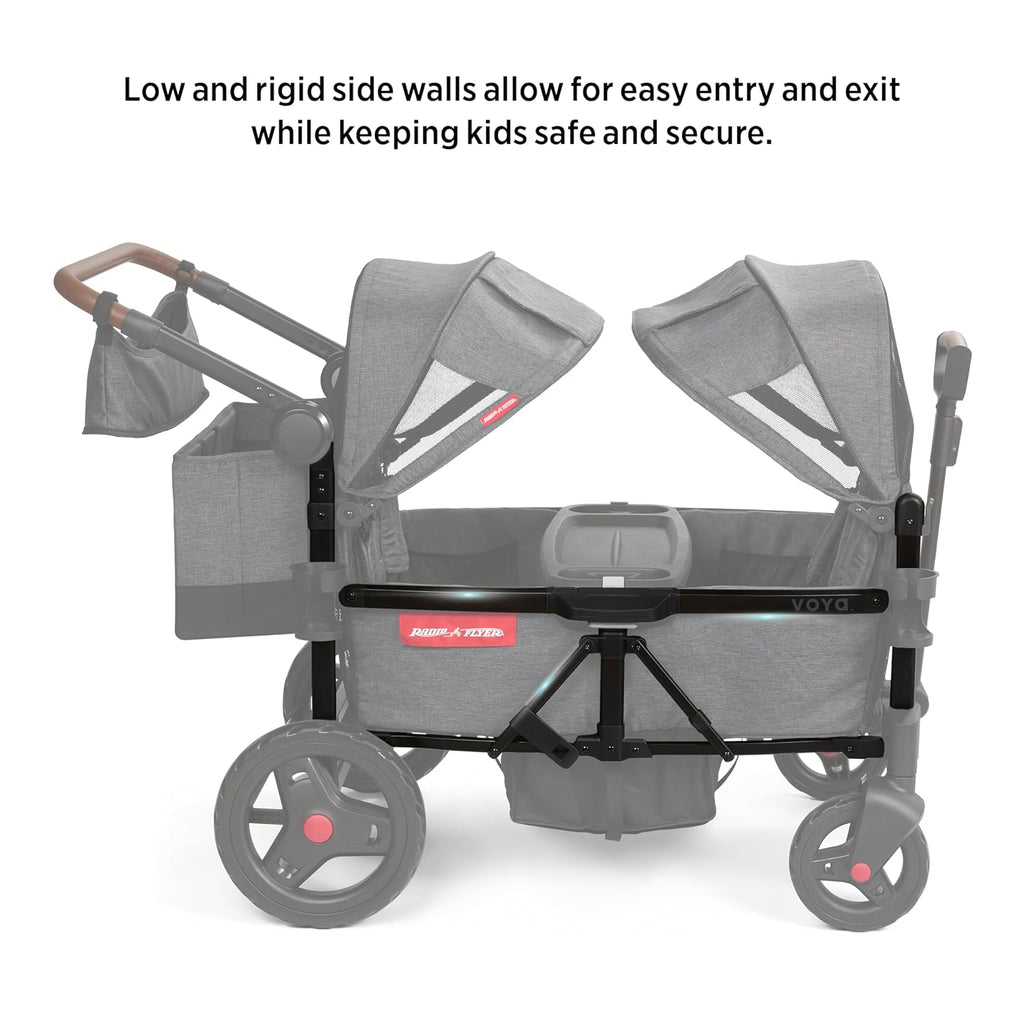 Radio Flyer Voya Quad Stroller Wagon, for Toddlers and Kids 6+ Months, Push or Pull, 4 Seats, Dual Sun Canopies, Compact Fold, Lightweight, Storage Space, 5-Point Harnesses, Stroller Wagon for Kids
