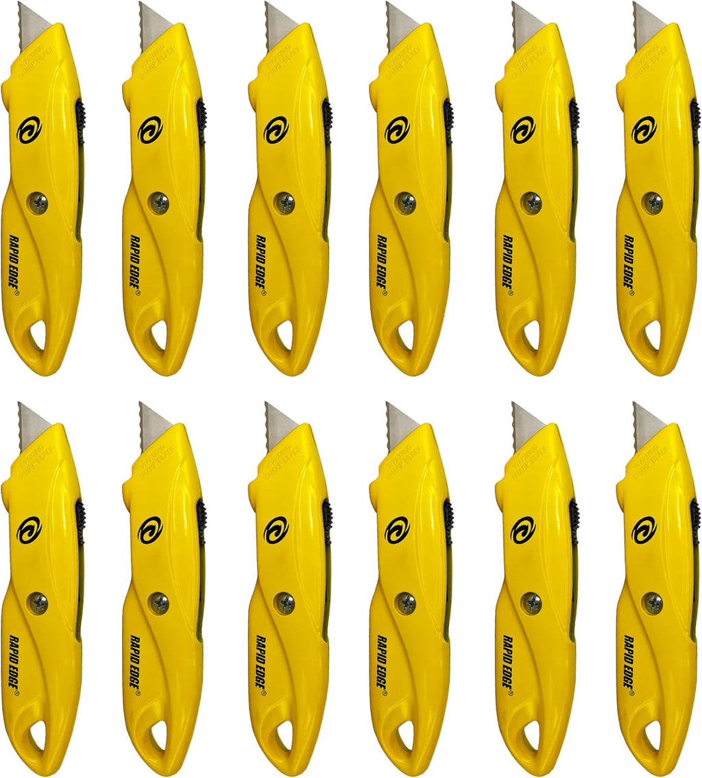 Rapid Edge Utility Knife, Heavy-Duty Safety Knife with Light, Includes Extra Serrated Utility Knife Blades, Made of Die-Cast Alloy Steel, Yellow, 12-Pack