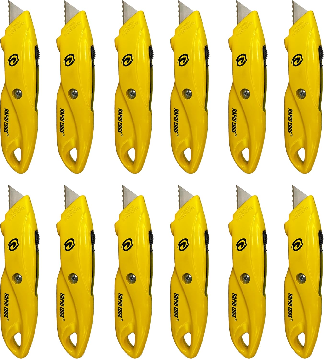 Rapid Edge Utility Knife, Heavy-Duty Safety Knife with Light, Includes Extra Serrated Utility Knife Blades, Made of Die-Cast Alloy Steel, Yellow, 12-Pack