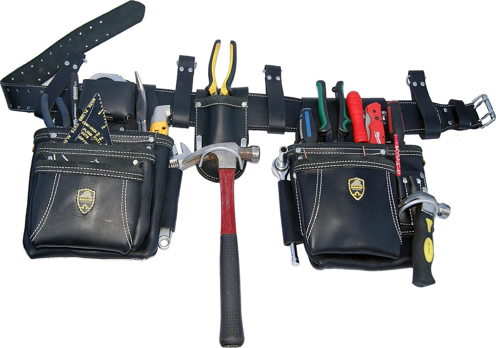 PRO-19 Genuine Grain Leather Multi Pockets Construction Tool Rig, Carpenter Tool Belt, 2 Leather Tool Pouches, Pro Style Tool Belt for Framers, Handyman, Drywall & Roofers (BLACK, Full Size)