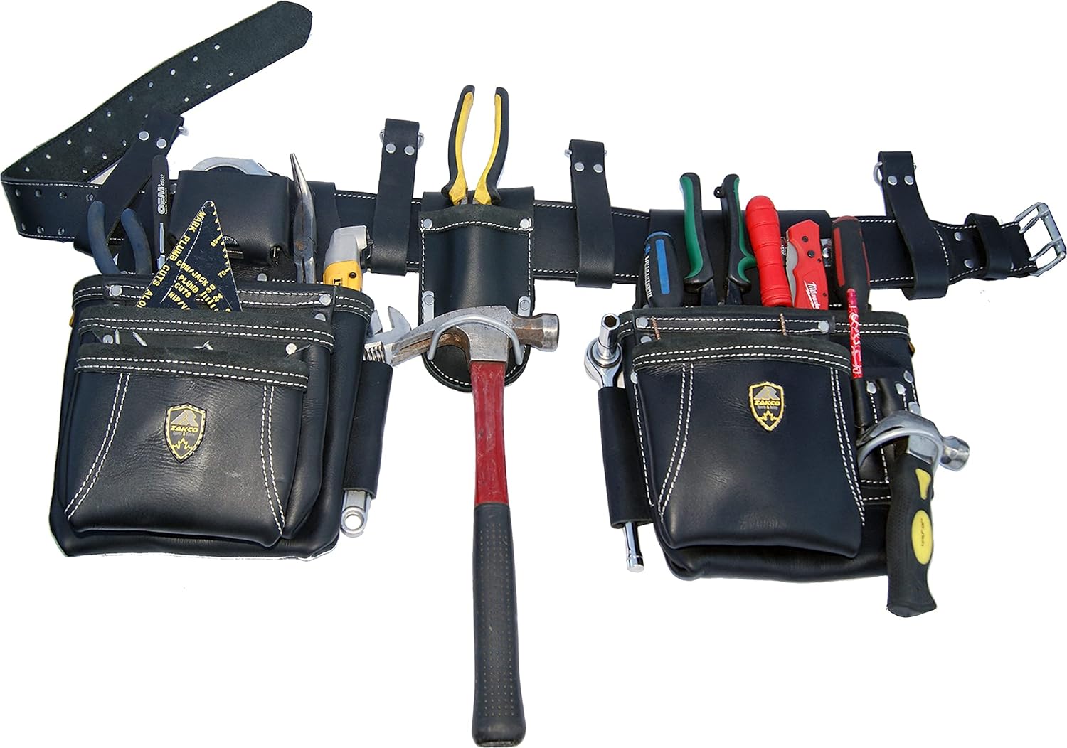 PRO-19 Genuine Grain Leather Multi Pockets Construction Tool Rig, Carpenter Tool Belt, 2 Leather Tool Pouches, Pro Style Tool Belt for Framers, Handyman, Drywall & Roofers (BLACK, Full Size)