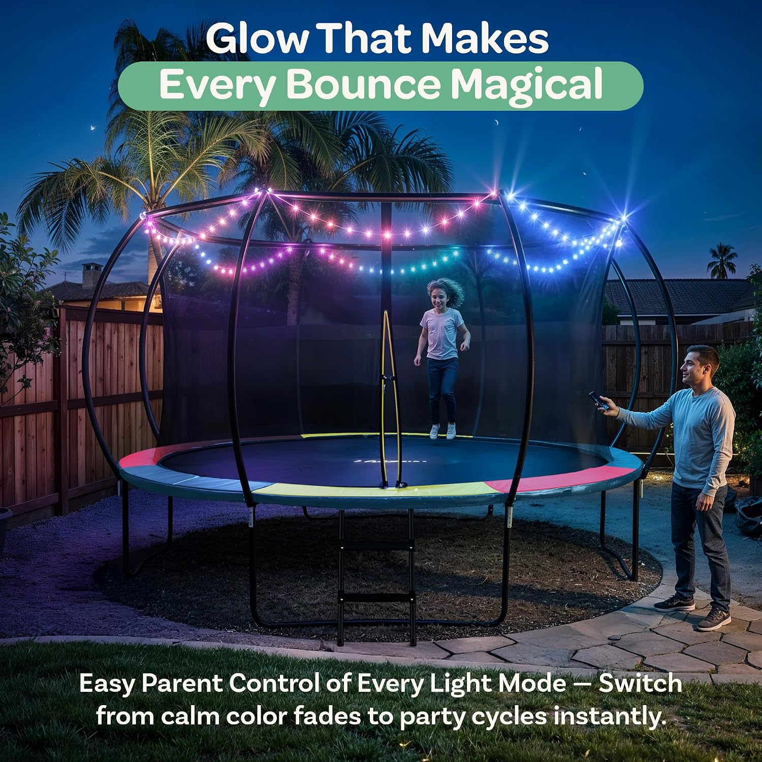 JoyBerri Trampoline Outdoor - Upsurge ASTM Certified Safe 8Ft 10Ft 12Ft 14Ft 15Ft 16Ft Recreational Trampoline for Kids and Adults. Anti-Rust Coating with Enclosure Net, Ladder, Sprinkler & LED Lights