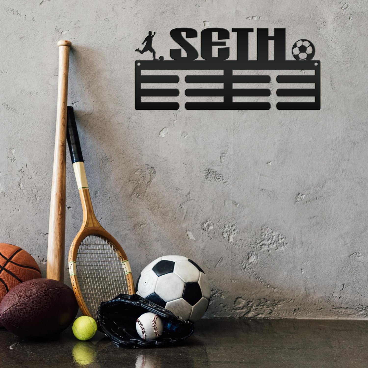 Medal Holder, Personalized Award Wall Rack, Metal Custom Name Hanging Display for Soccer Awards - Boys and Girls Sports Bedroom Sign (30 x 17 inches)