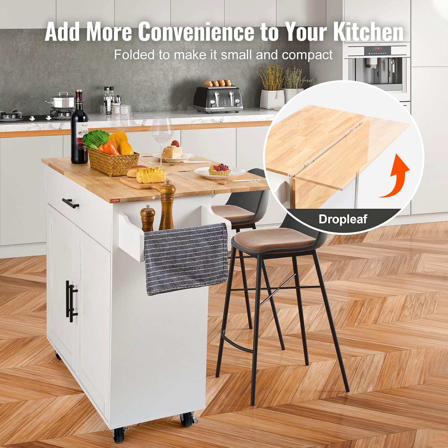VEVOR Kitchen Island Cart with Solid Wood Top, 35.4' Width Mobile Carts with Storage Cabinet, Rolling Kitchen Table with Spice Rack, Towel Rack, Drop Leaf and Drawer, Portable Islands on Wheels, White