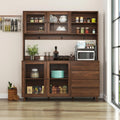 63' Kitchen Pantry Cabinet with Doors and Shelves, Freestanding Bakers Rack Coffee Station with 4 Drawers and Hooks for Kitchen Dining Room, Walnut