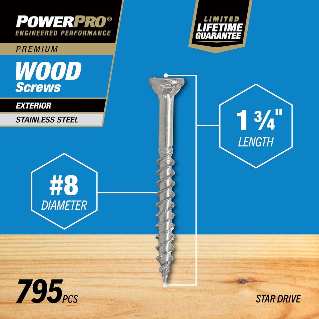 Power Pro 48625 Wood Screws, #8 x 1, Premium Stainless Marine Screws, Rust Resistant, Stainless Steel, 5lb Tub, 860 pcs