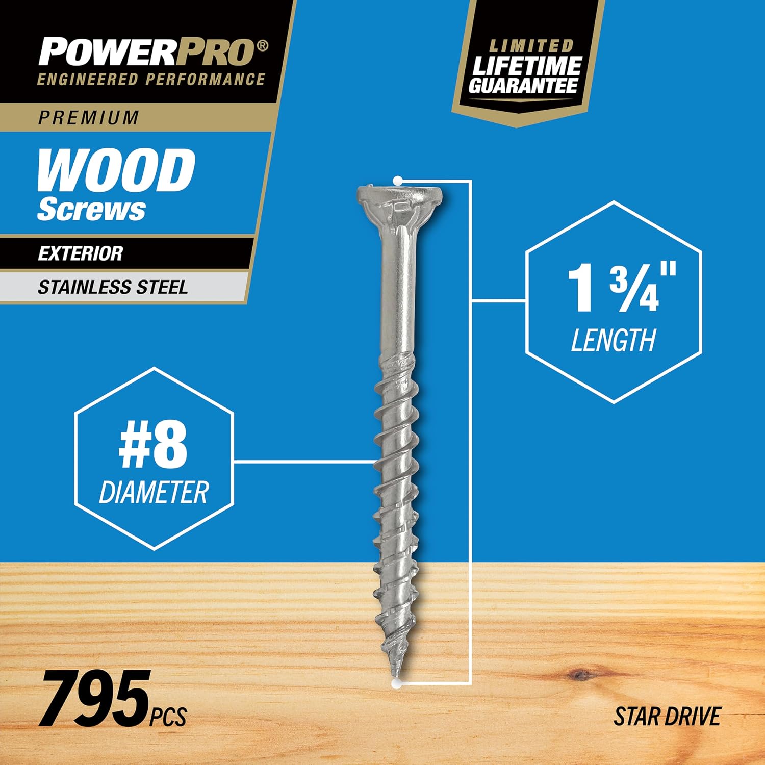 Power Pro 48625 Wood Screws, #8 x 1, Premium Stainless Marine Screws, Rust Resistant, Stainless Steel, 5lb Tub, 860 pcs