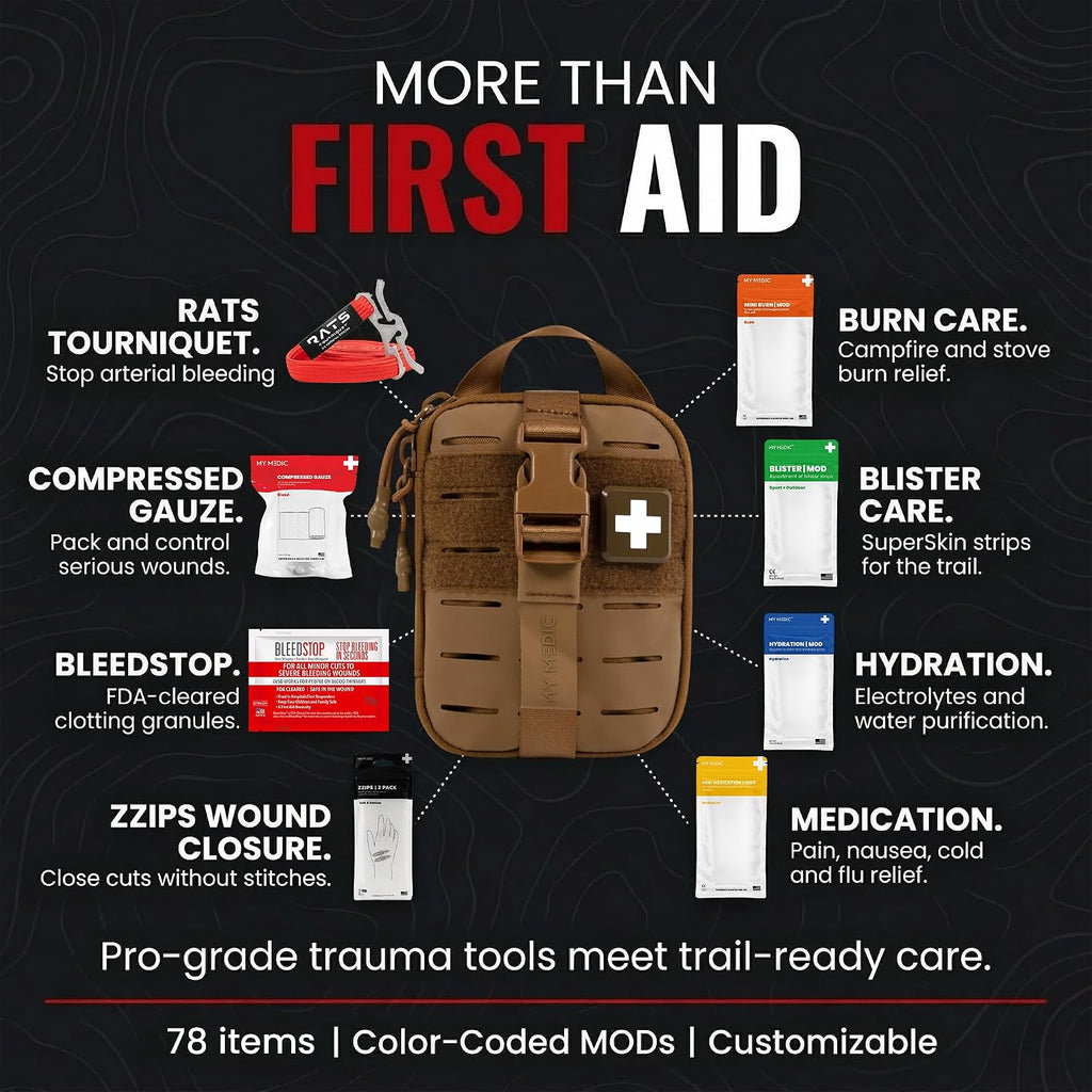 My Medic Sidekick Pro - Camping Hiking and Backpacking First Aid Kit - 70 Items with Tourniquet - HSA and FSA Eligible - Small Ifak Great for Travel or Motorcycle - Portable Emergency Kit – Coyote