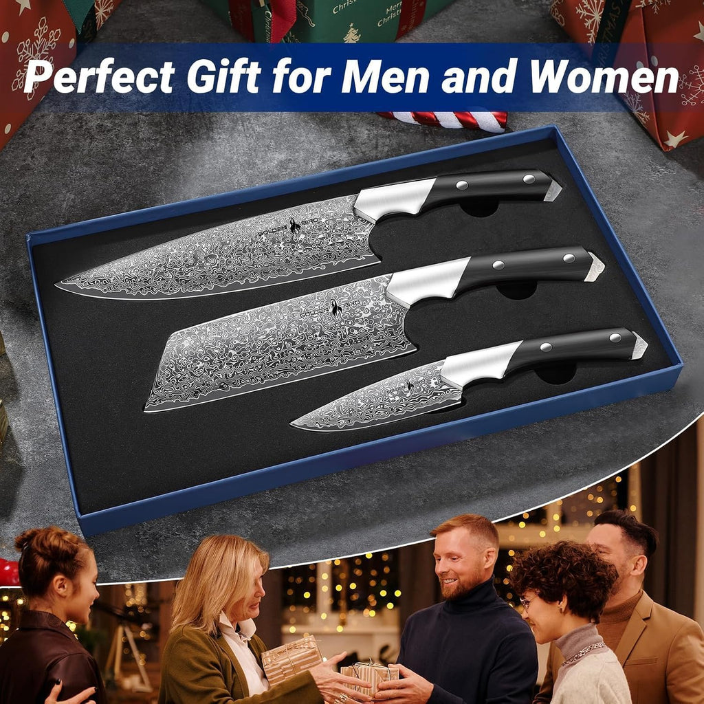 Golden Bird Damascus Kitchen Knife Set, 3 PCS Chef Knife Set Professional, Razor Sharp 67 Layers Damascus Japanese Knives Set for Kitchen with Wood Handle,Gifts for Men Women
