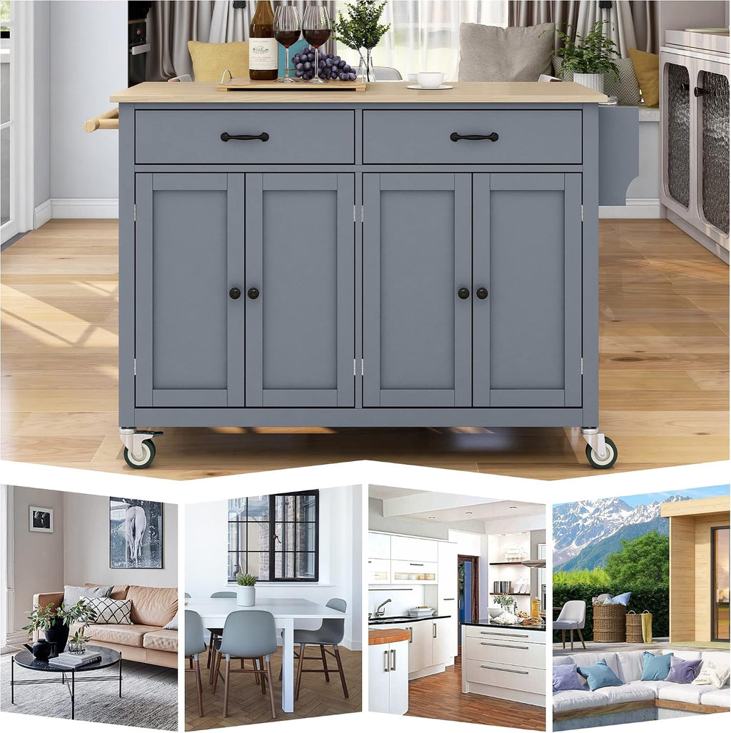 Merax 54.3' Width kitchen island with storage, Rolling Kitchen Storage Islands with 4 Door Cabinet & 2 Drawers, Kitchen Cart with Solid Wood Top, Lockable Wheels, Spice Rack, and Towel Rack, Grey Blue