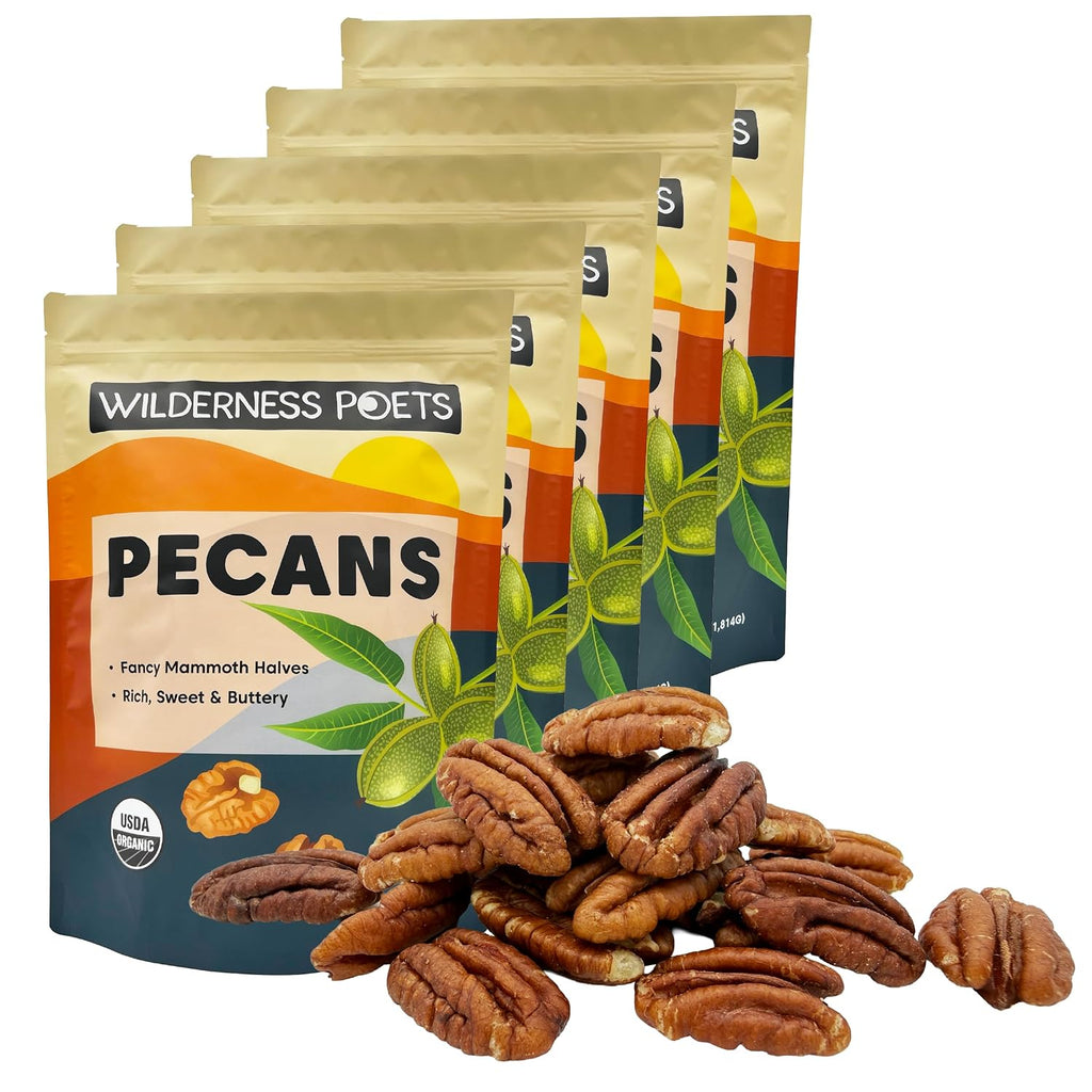 Wilderness Poets, Fancy Mammoth Pecan Halves - Organic, Raw, Large Halves, Sweet and Buttery. Bulk Size, No Salt, Shelled. 4 Pound (Pack of 5)