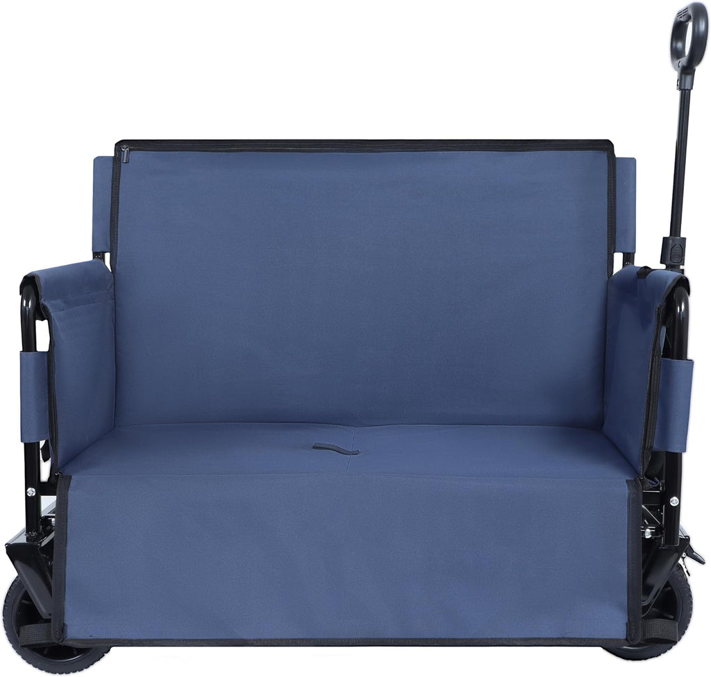 Dark Blue Collapsible Wagon with Bench Seat, Storage & All-Terrain Wheels, Steel Frame, Folding Camping Cart for Beach, Sports, Lawn, 37x24.02x40.94 in