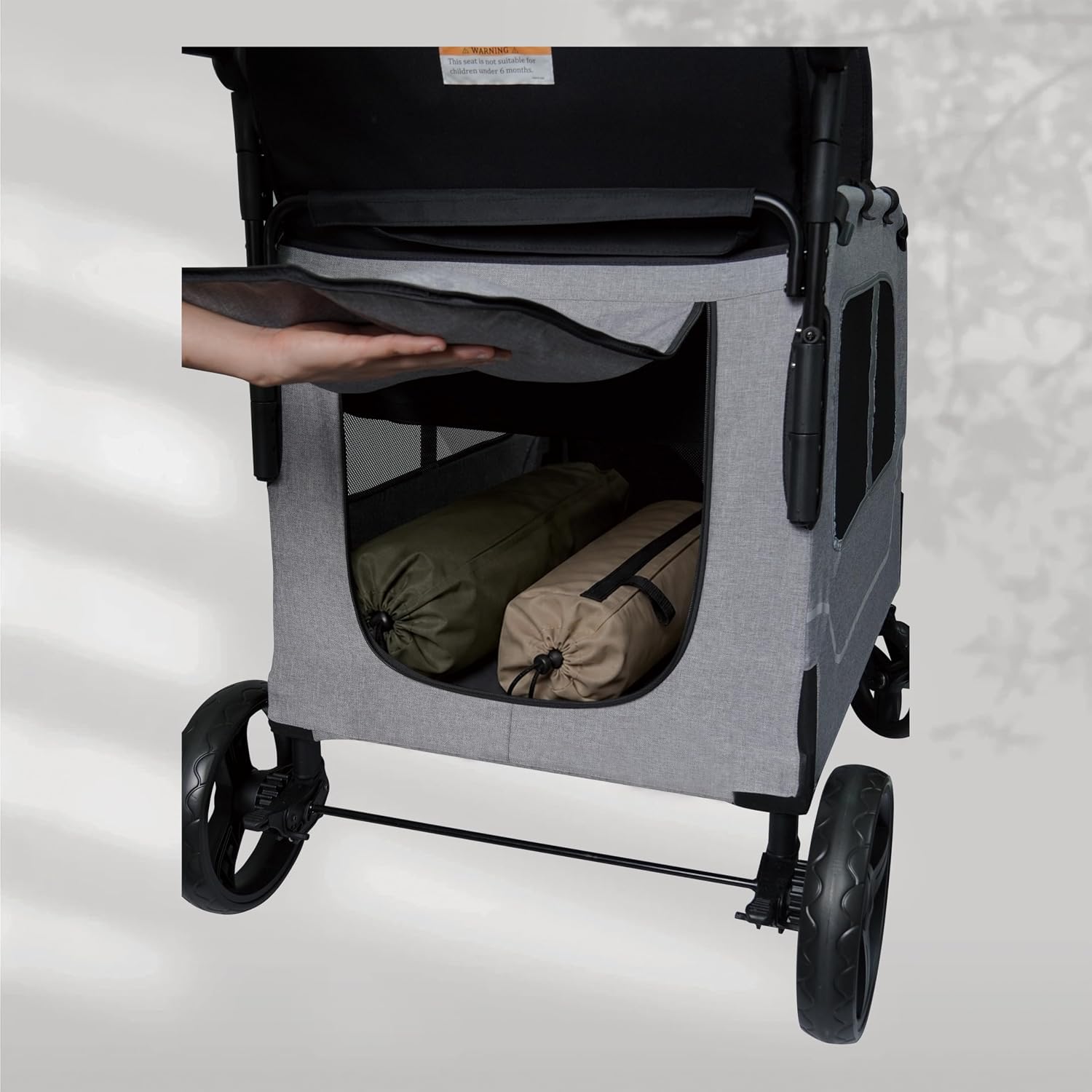 Car-Shaped Large 4 Seater Stroller Wagon for 2 3 Kids Toddler Child Foldable All-Terrain Triple Quad Wagon with Removable Canopy, 5-Point Harness, Storage Bag Shopping Outdoor Light Grey