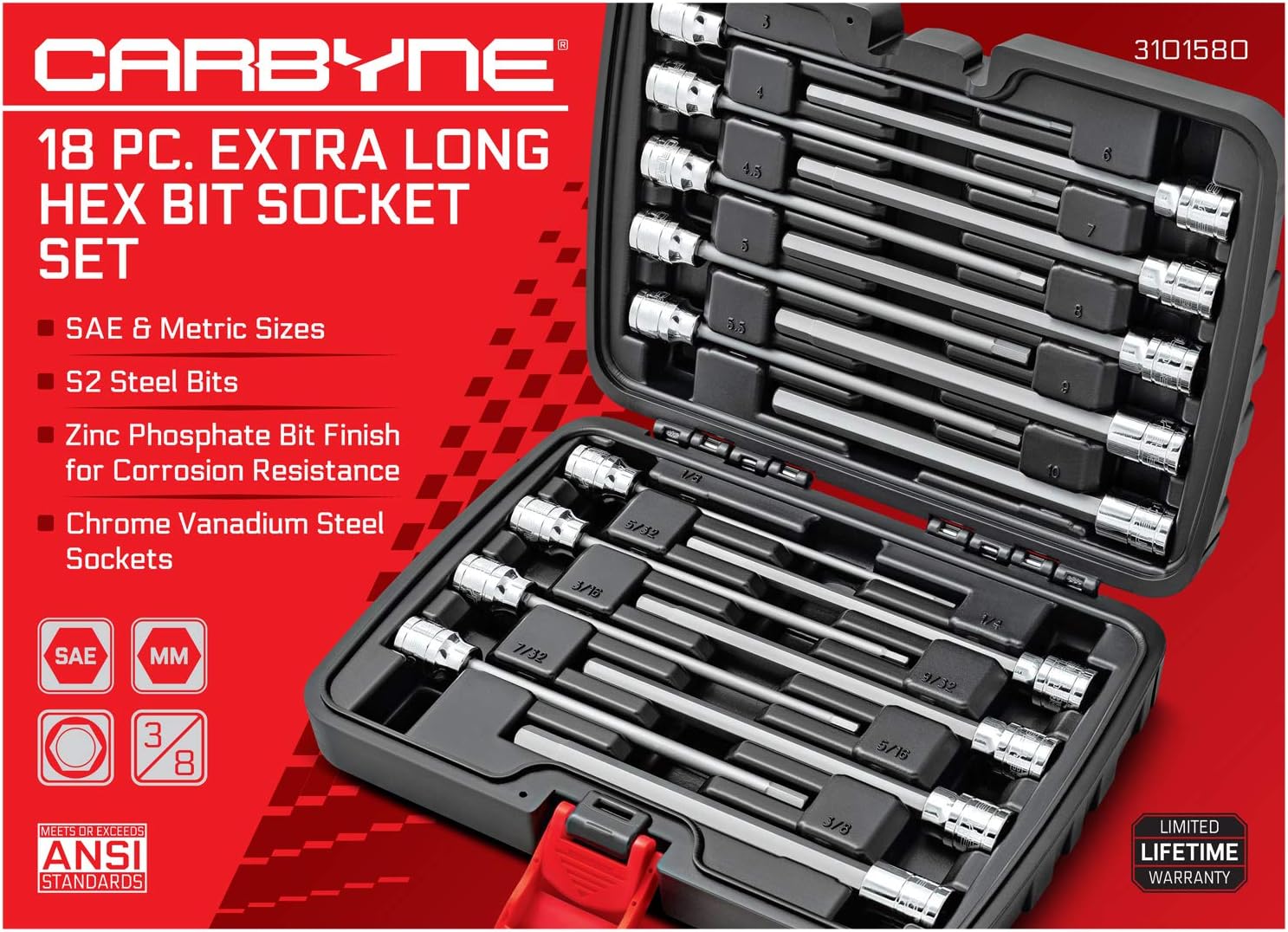CARBYNE 18-Piece Extra Long Hex (Allen) Bit Socket Set, SAE 1/8 to 3/8 in. and Metric 3 to 10mm, 3/8 in. Drive, S2 Steel, CrV Sockets, 6.1 in. Length, Durable Case