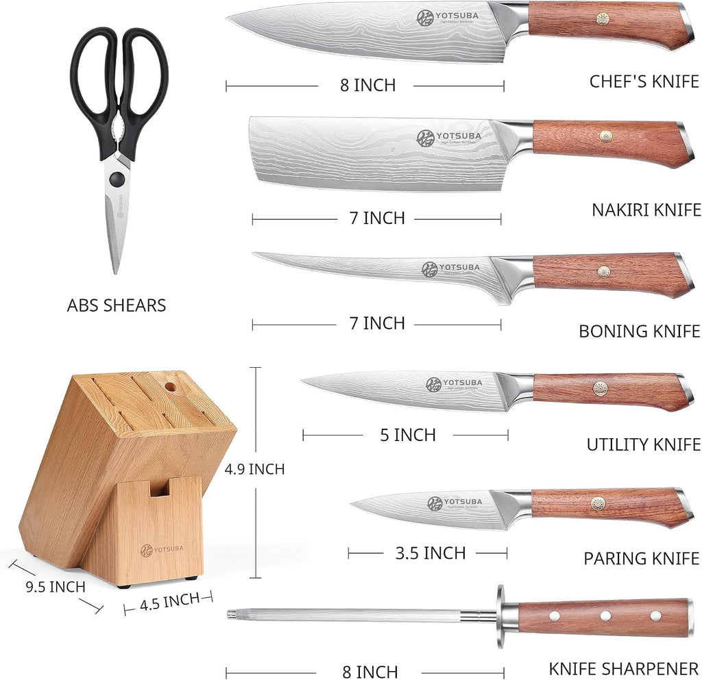 YOTSUBA 8 PCS Japanese Kitchen Knife Set with Block, Professional Ultra Sharp High Carbon Stainless Steel Chef Knives, Ergonomic Natural Rosewood Handle for Kitchen