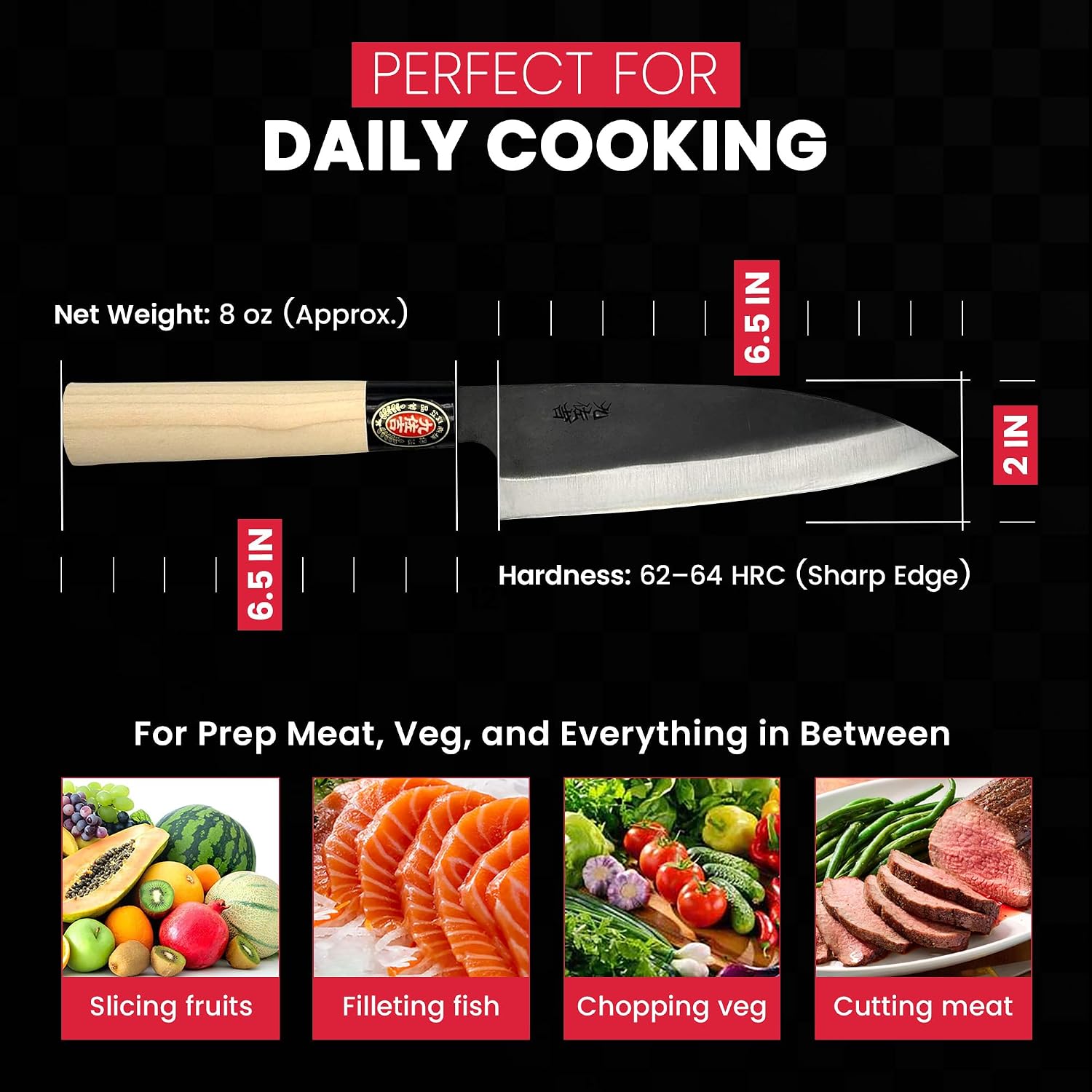 YOSHIDAHAMONO Funkai Santoku Knife 6.3 Inch, Aogami #2 Carbon Steel HRC 62-64, Gift for Serious Home Cooks, Magnolia Wa Handle, 15-Degree Edge, Made in Japan, 3-Year Warranty