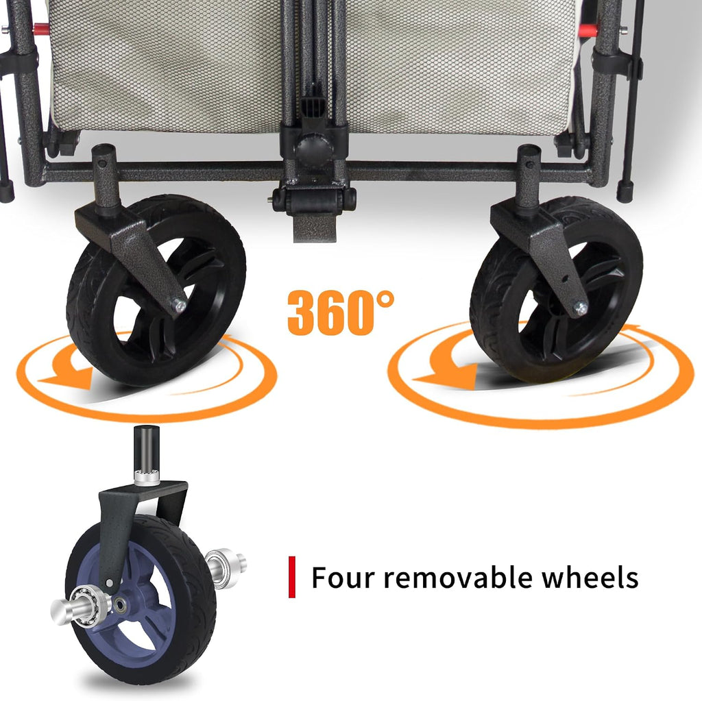Collapsible Foldable Foldable Wagon Cart with Quick-Release Wheels & 2 Seats Camping Wagon- Heavy-Duty Utility Wagon 265LBS Capacity for Camping, Garden, Shopping (Beige)