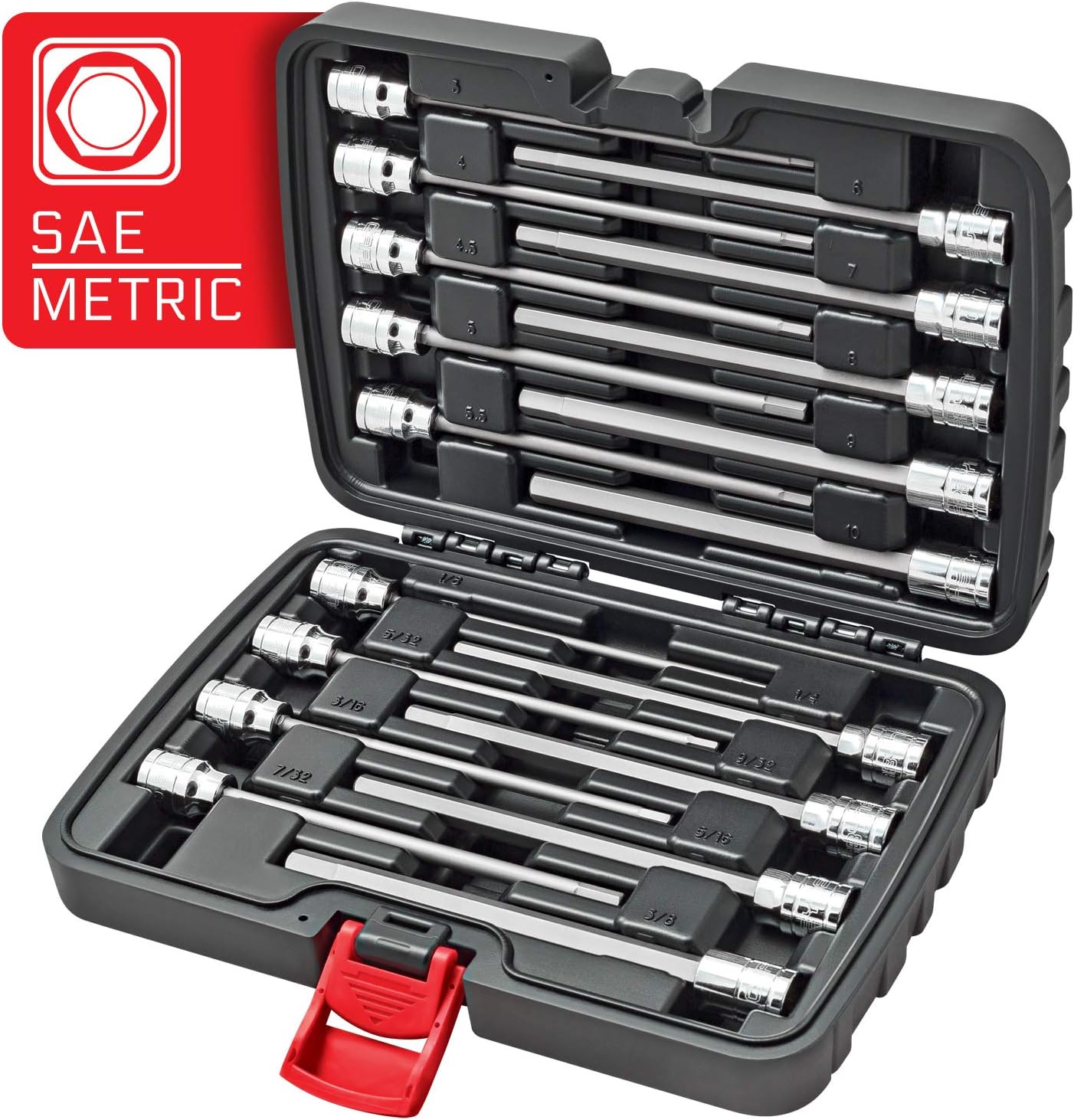 CARBYNE 18-Piece Extra Long Hex (Allen) Bit Socket Set, SAE 1/8 to 3/8 in. and Metric 3 to 10mm, 3/8 in. Drive, S2 Steel, CrV Sockets, 6.1 in. Length, Durable Case