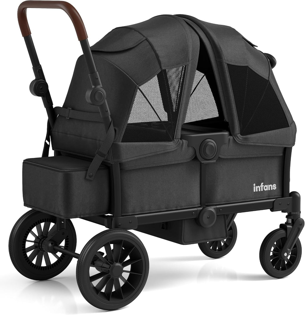 INFANS Wagon Stroller for 2 Kids, Collapsible Adjustable Push Pull Handle Bar, 2 Seater Stroller Wagon with Removable Canopy Snack Tray, Comfortable Drop-Down footwell and Upholstered Seats