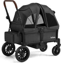 INFANS Wagon Stroller for 2 Kids, Collapsible Adjustable Push Pull Handle Bar, 2 Seater Stroller Wagon with Removable Canopy Snack Tray, Comfortable Drop-Down footwell and Upholstered Seats
