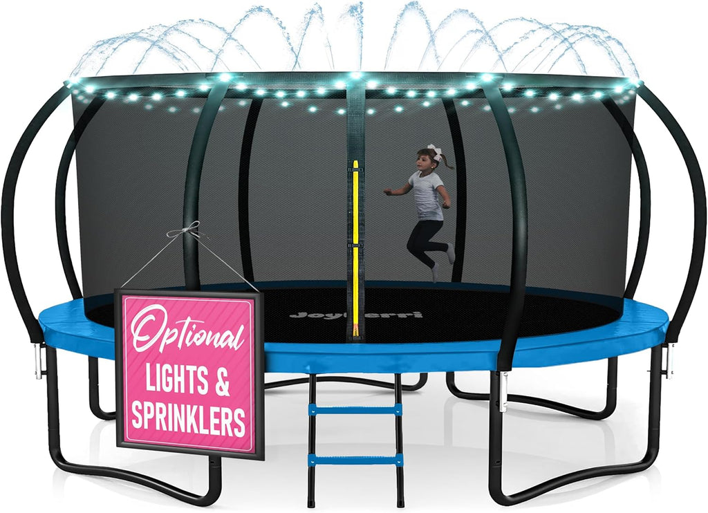 JoyBerri Trampoline Outdoor - Upsurge ASTM Certified Safe 8Ft 10Ft 12Ft 14Ft 15Ft 16Ft Recreational Trampoline for Kids and Adults. Anti-Rust Coating with Enclosure Net, Ladder, Sprinkler & LED Lights
