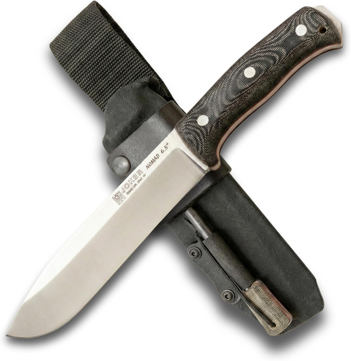 Joker Nomad 6.5 CM137-F Survival Knife, 6.5 in Böhler N695 Steel Blade, Black Micarta Handle, Kydex Sheath with Ferro Rod, Made in Spain, for trail use, shelter prep, food prep and hunting camps