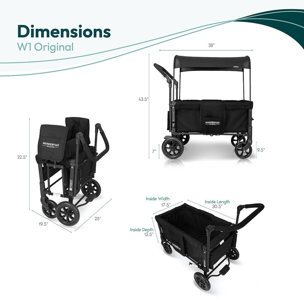WONDERFOLD W1 Original Stroller Wagon (2 Seater) - Wagon Stroller with Seats with 5-Point Harnesses, Adjustable Push Handle, and Sun Canopy, Jet Black