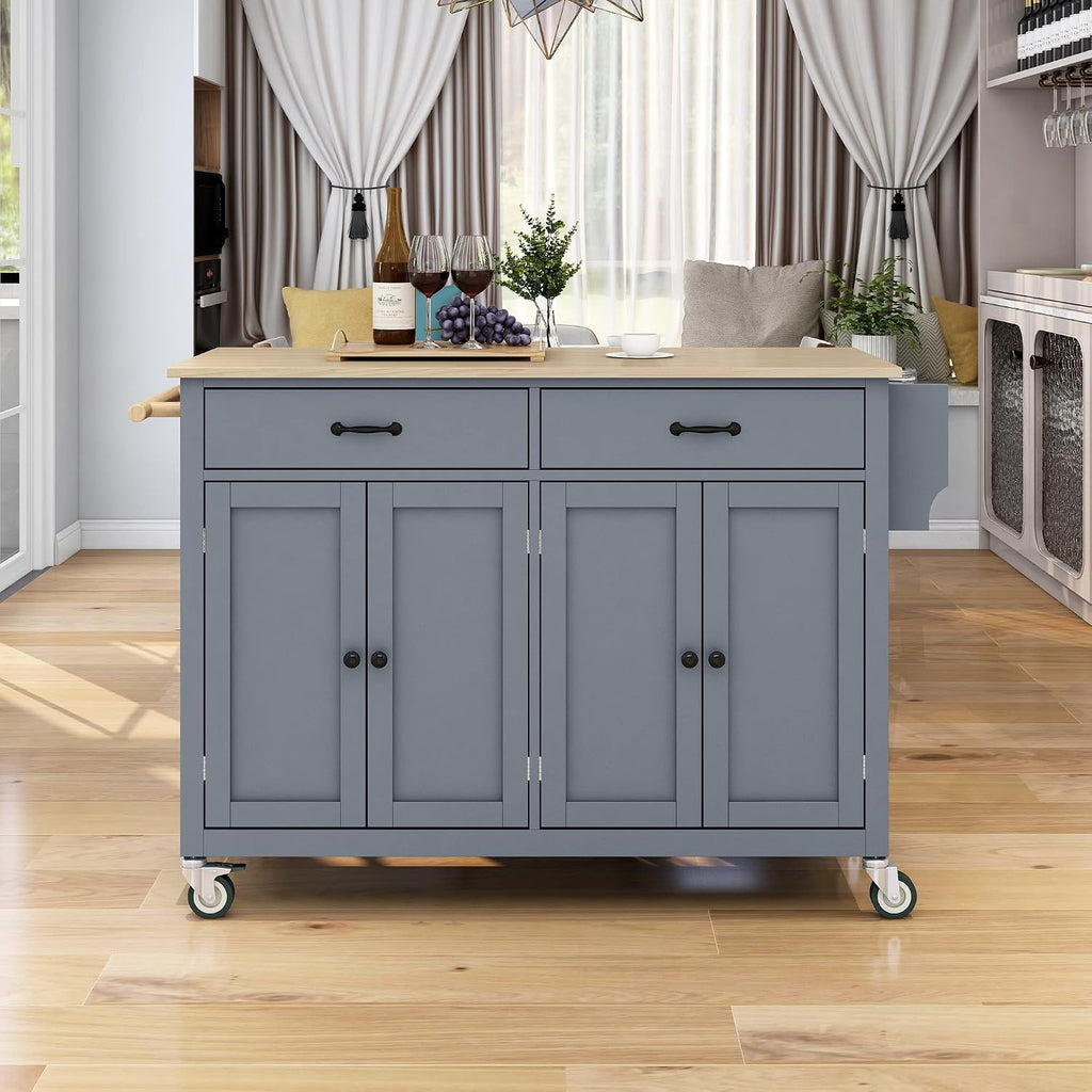 Merax 54.3' Width kitchen island with storage, Rolling Kitchen Storage Islands with 4 Door Cabinet & 2 Drawers, Kitchen Cart with Solid Wood Top, Lockable Wheels, Spice Rack, and Towel Rack, Grey Blue
