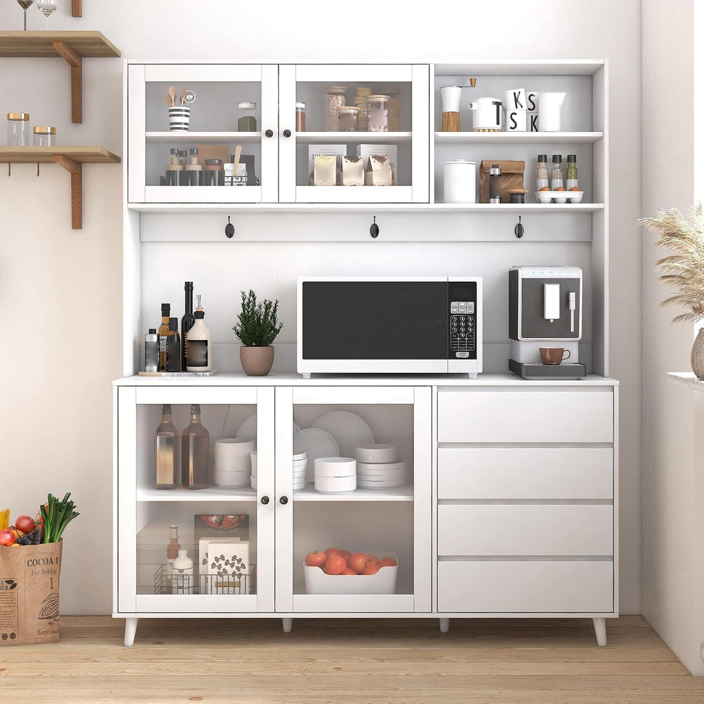 63' Kitchen Pantry Cabinet with Doors and Shelves, Bakers Rack Coffee Station with 4 Drawers and Hooks, Freestanding Storage for Kitchen Garage Office, White