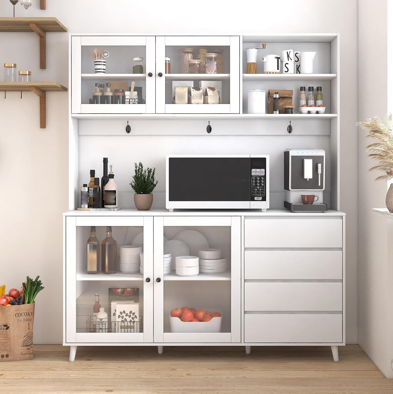63' Kitchen Pantry Cabinet with Doors and Shelves, Bakers Rack Coffee Station with 4 Drawers and Hooks, Freestanding Storage for Kitchen Garage Office, White