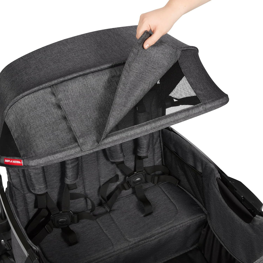 Radio Flyer Voya Quad Stroller Wagon, for Toddlers and Kids 6+ Months, Push or Pull, 4 Seats, Dual Sun Canopies, Compact Fold, Lightweight, Storage Space, 5-Point Harnesses, Stroller Wagon for Kids