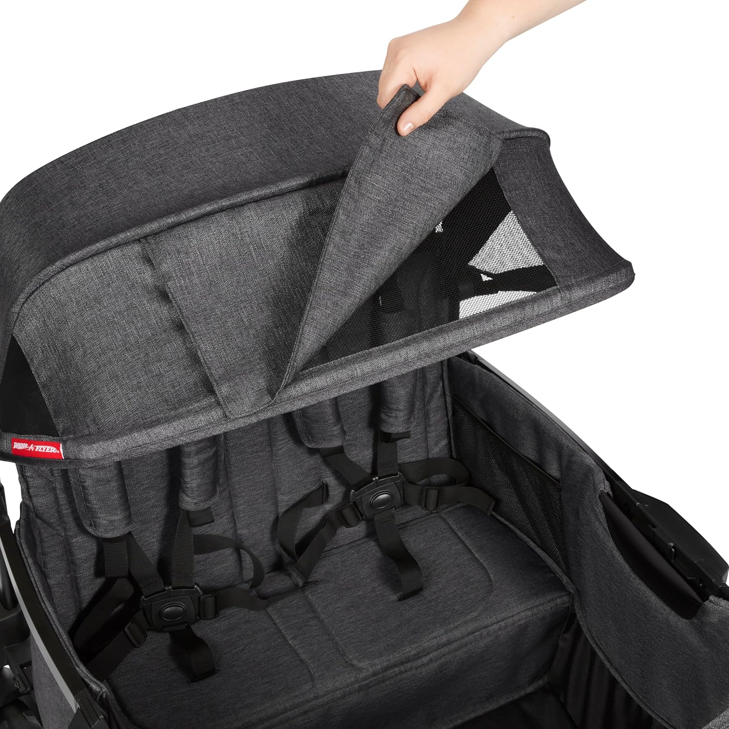 Radio Flyer Voya Quad Stroller Wagon, for Toddlers and Kids 6+ Months, Push or Pull, 4 Seats, Dual Sun Canopies, Compact Fold, Lightweight, Storage Space, 5-Point Harnesses, Stroller Wagon for Kids