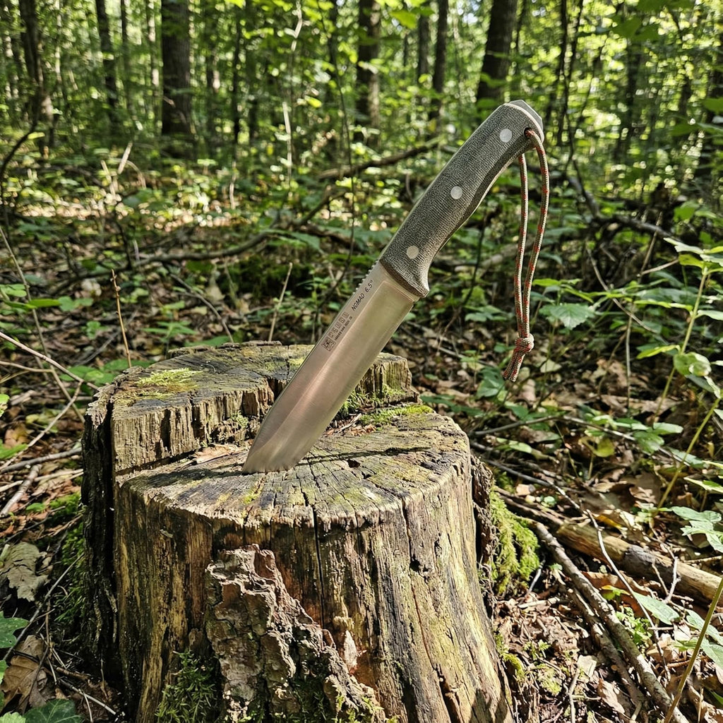 Joker Nomad 6.5 CM137-P Survival Knife, 6.5 in Böhler N695 Blade, Black Micarta Handle, Leather Sheath with Ferro Rod, Made in Spain, for backcountry travel, camp chores, fishing trips and bushcraft