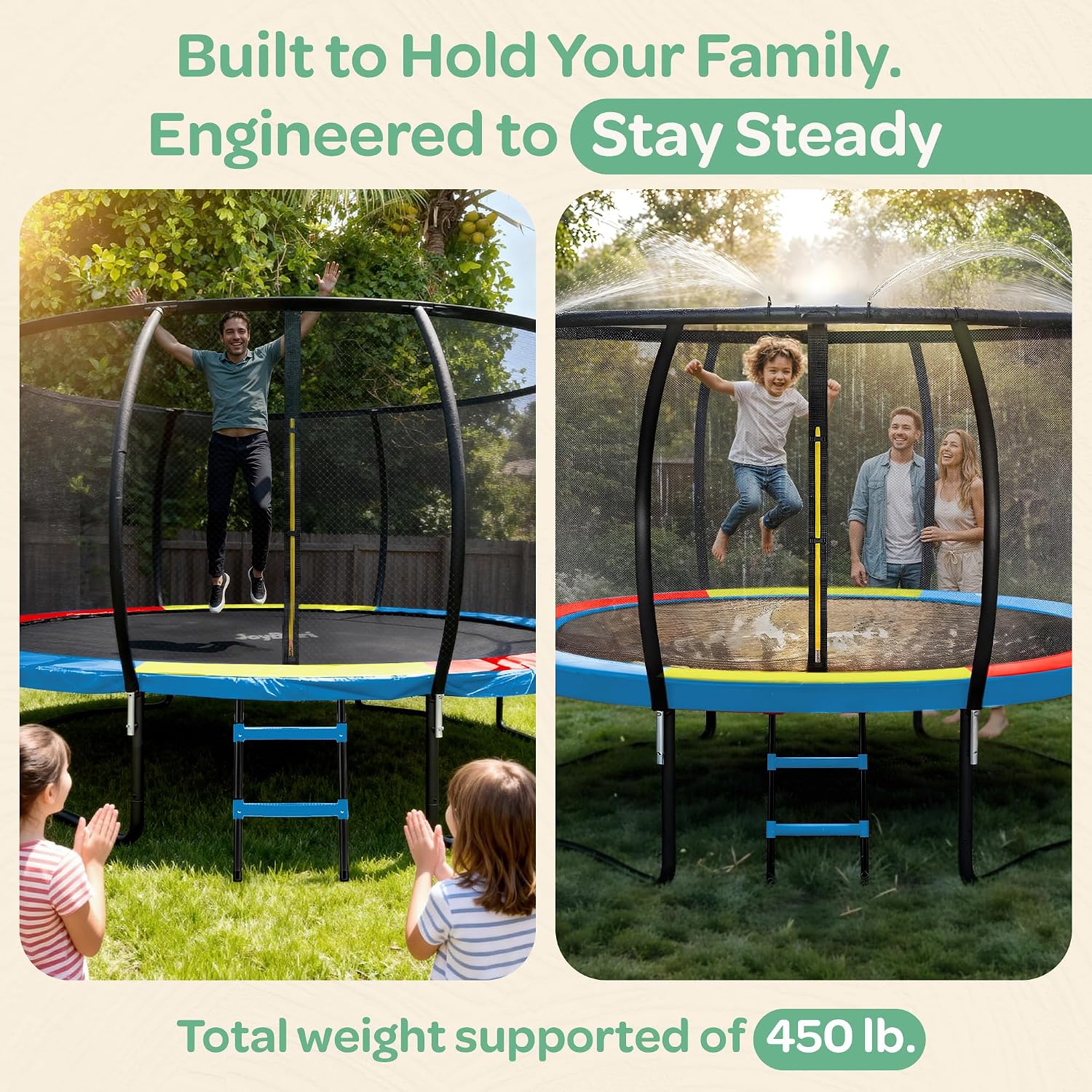 JoyBerri Trampoline Outdoor - Upsurge ASTM Certified Safe 8Ft 10Ft 12Ft 14Ft 15Ft 16Ft Recreational Trampoline for Kids and Adults. Anti-Rust Coating with Enclosure Net, Ladder, Sprinkler & LED Lights