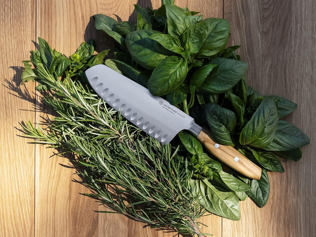 Wüsthof AMICI 7' Hollow Edge Santoku Knife, Tan