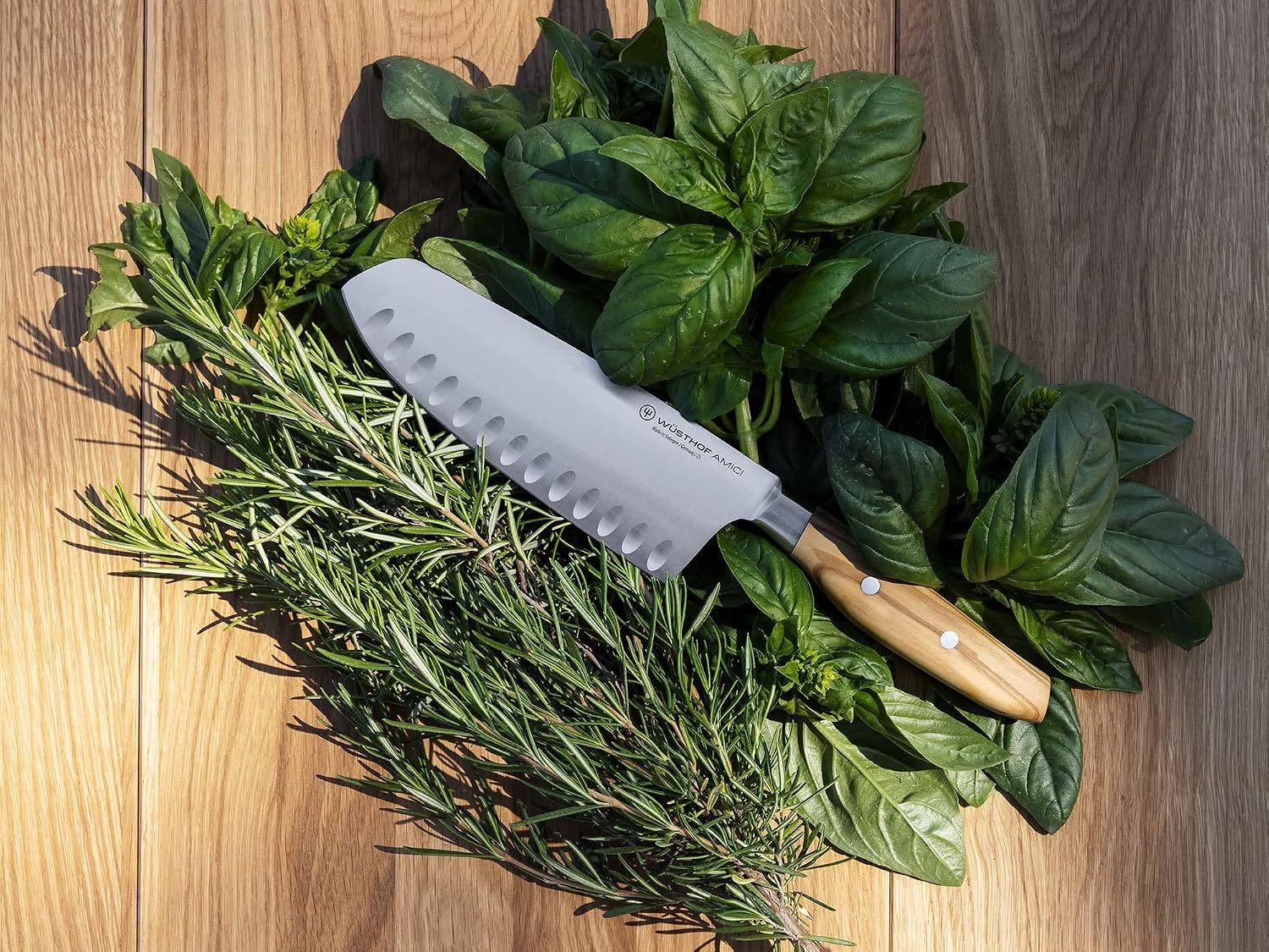 Wüsthof AMICI 7' Hollow Edge Santoku Knife, Tan