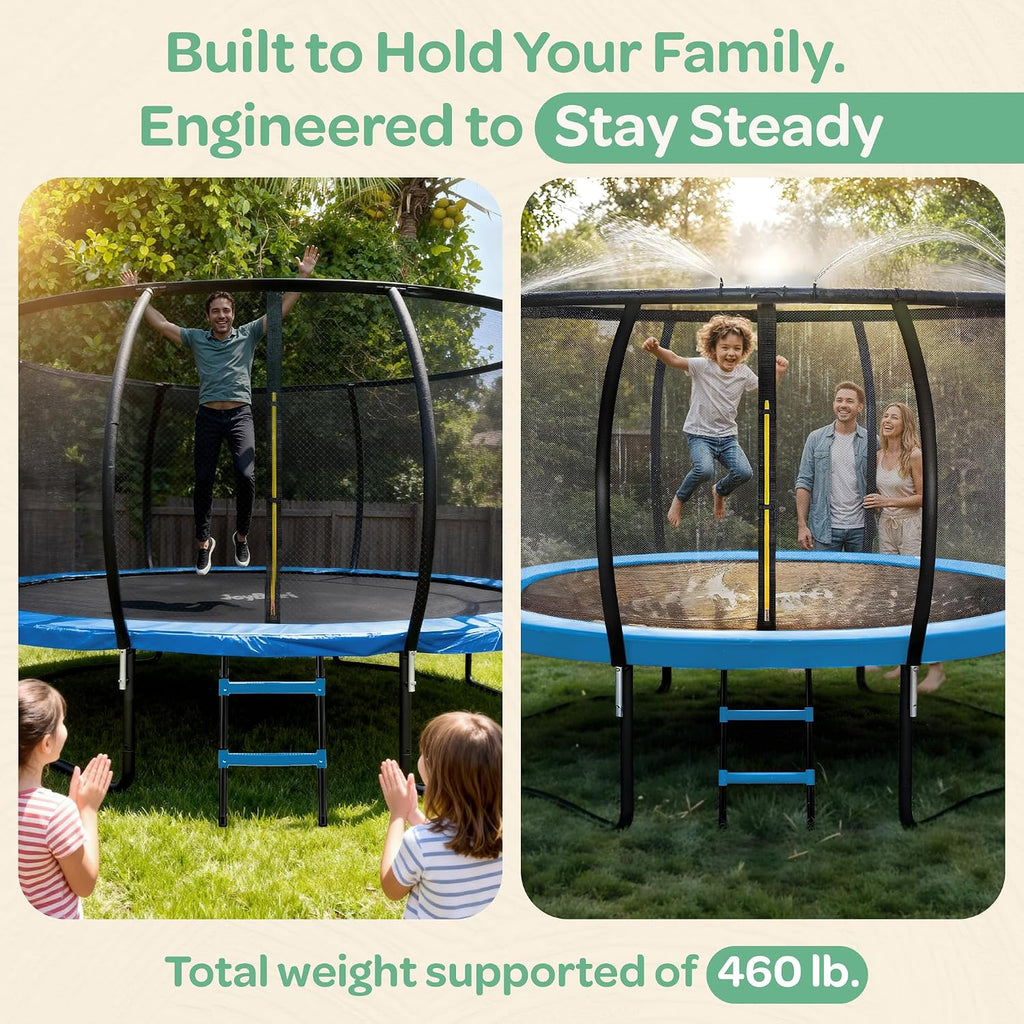 JoyBerri Trampoline Outdoor - Upsurge ASTM Certified Safe 8Ft 10Ft 12Ft 14Ft 15Ft 16Ft Recreational Trampoline for Kids and Adults. Anti-Rust Coating with Enclosure Net, Ladder, Sprinkler & LED Lights