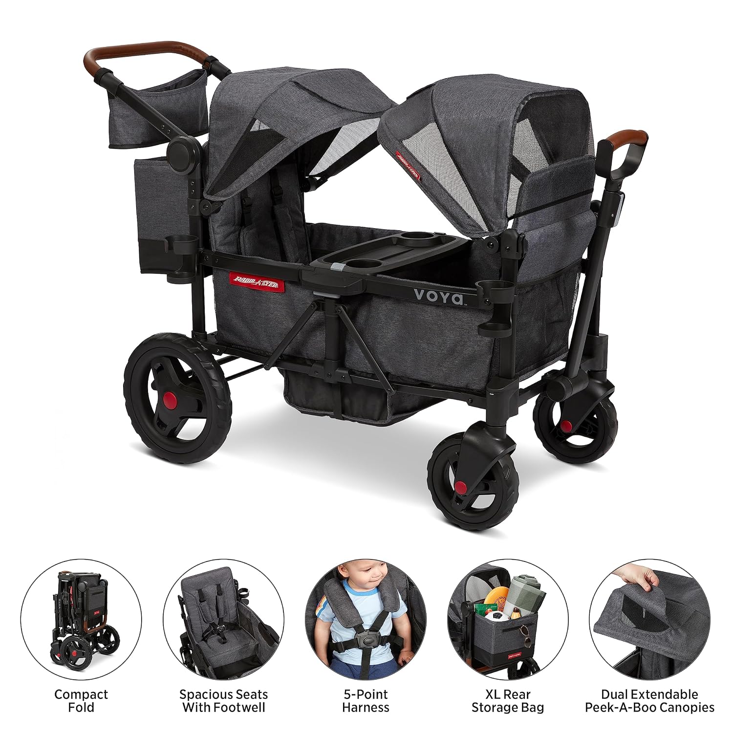Radio Flyer Voya Stroller Wagon, for Toddlers and Kids 6+ Months, Push or Pull, 2 Seats, Dual Sun Canopies, Compact Fold, Lightweight, Storage Space, 5-Point Harnesses, Stroller Wagon for Kids