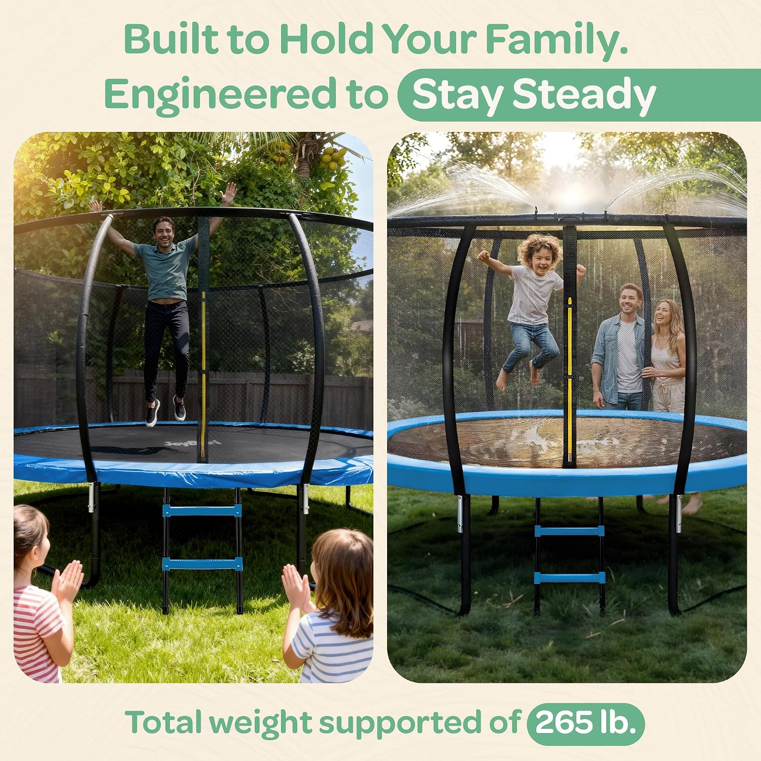 JoyBerri Trampoline Outdoor - Upsurge ASTM Certified Safe 8Ft 10Ft 12Ft 14Ft 15Ft 16Ft Recreational Trampoline for Kids and Adults. Anti-Rust Coating with Enclosure Net, Ladder, Sprinkler & LED Lights